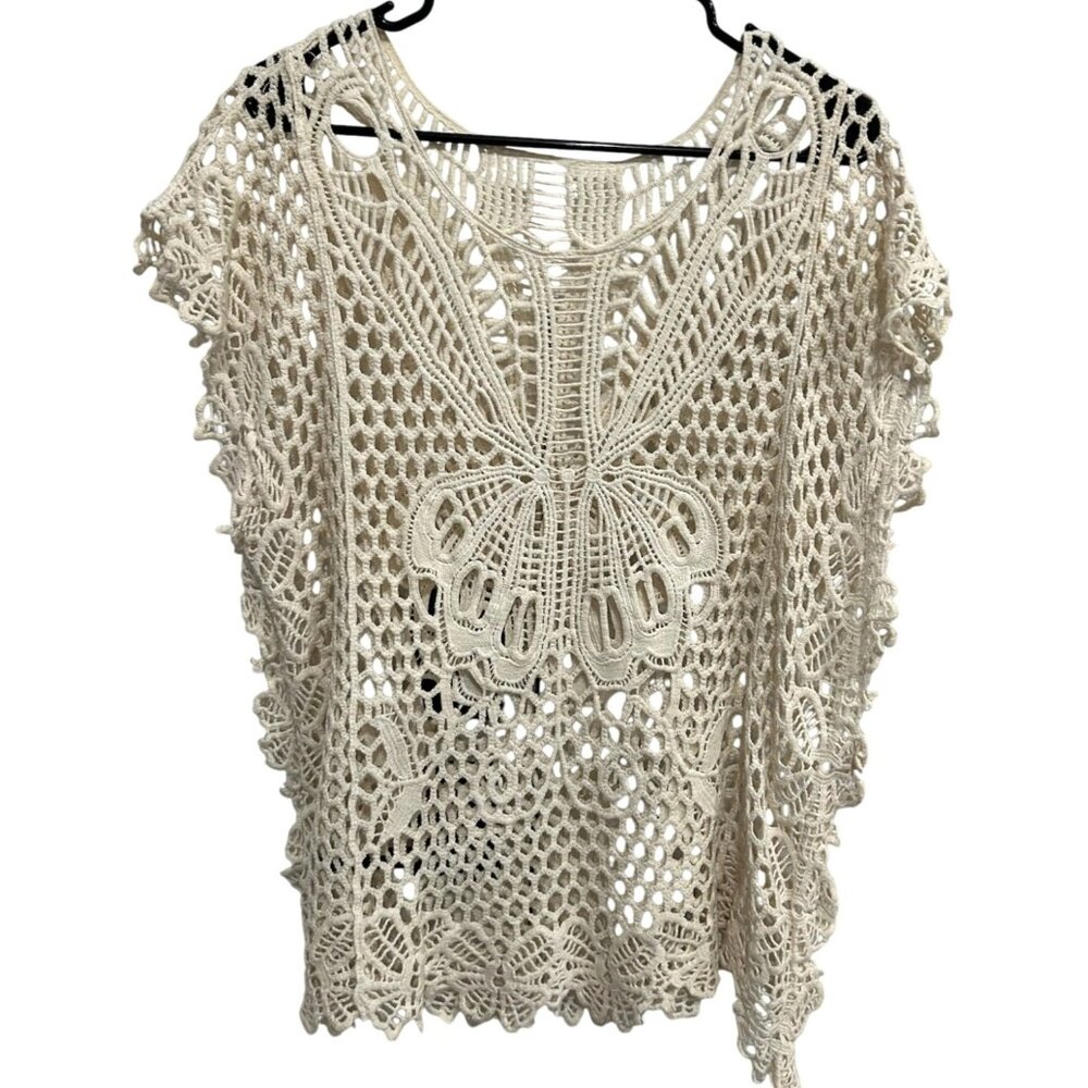 Vintage Style Beige Crochet Butterfly Top Lightweight Boho Coastal Festival